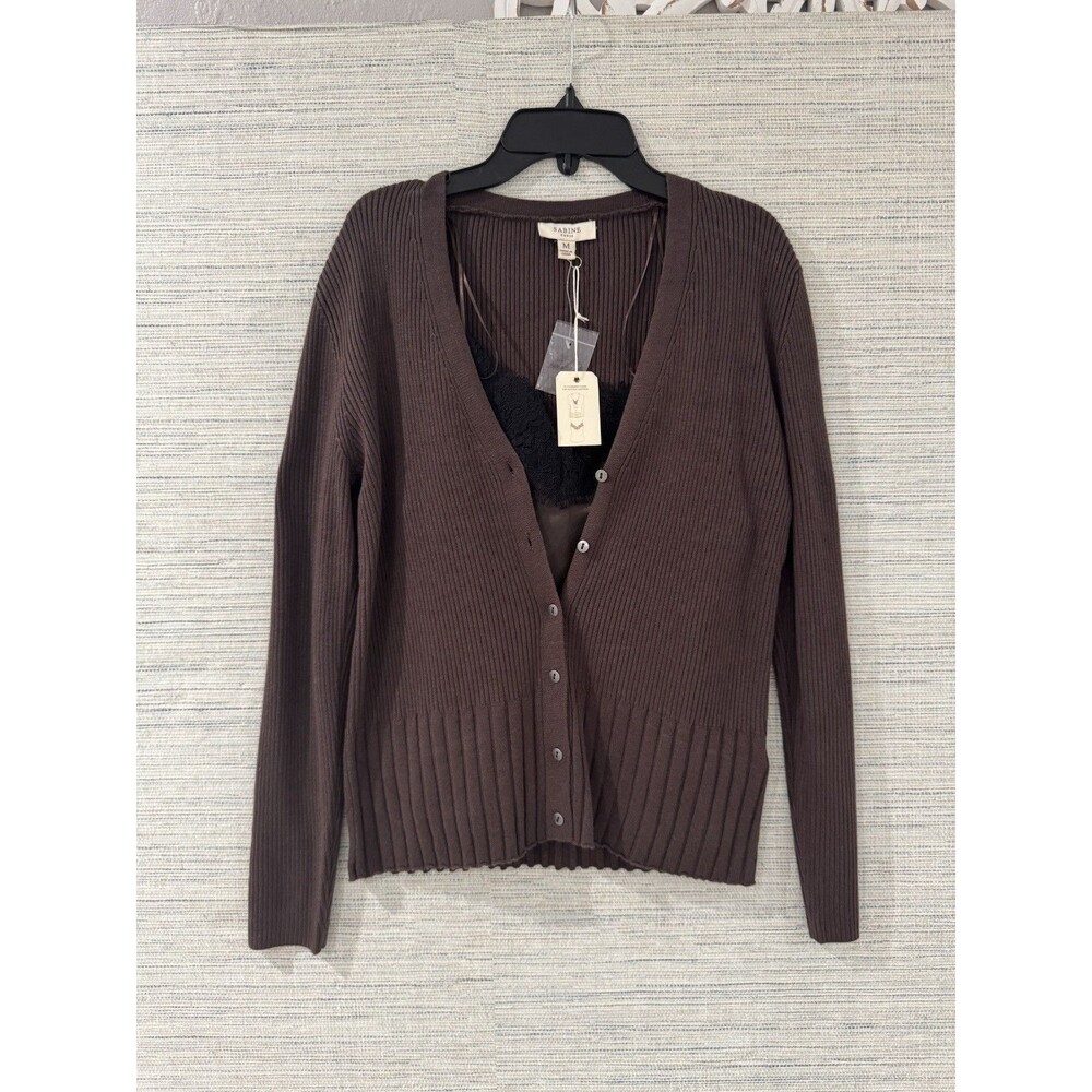 NWT Sabine Paris Brown Cardigan & Lace Cami Set M | Cashmere Blend